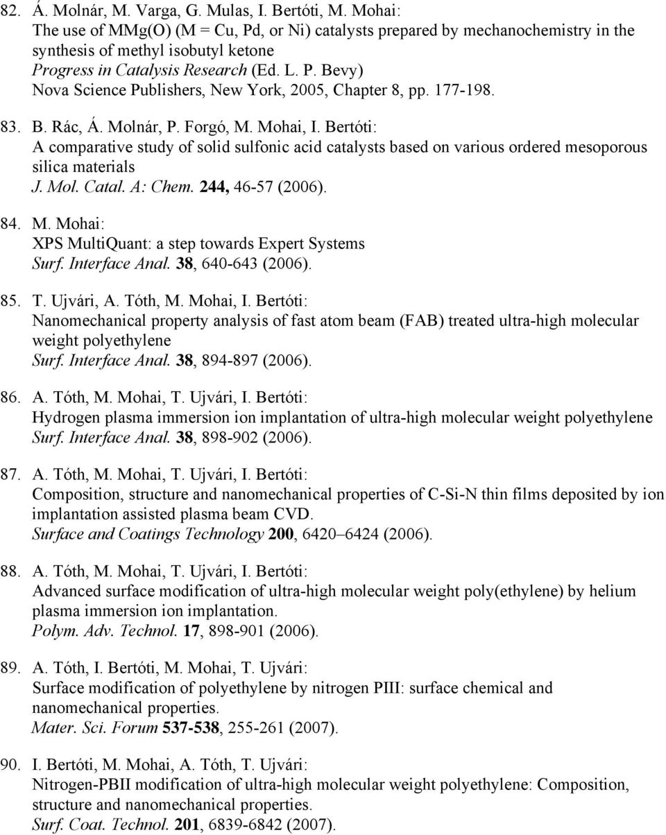 177-198. 83. B. Rác, Á. Molnár, P. Forgó, M. Mohai, I. Bertóti: A comparative study of solid sulfonic acid catalysts based on various ordered mesoporous silica materials J. Mol. Catal. A: Chem.