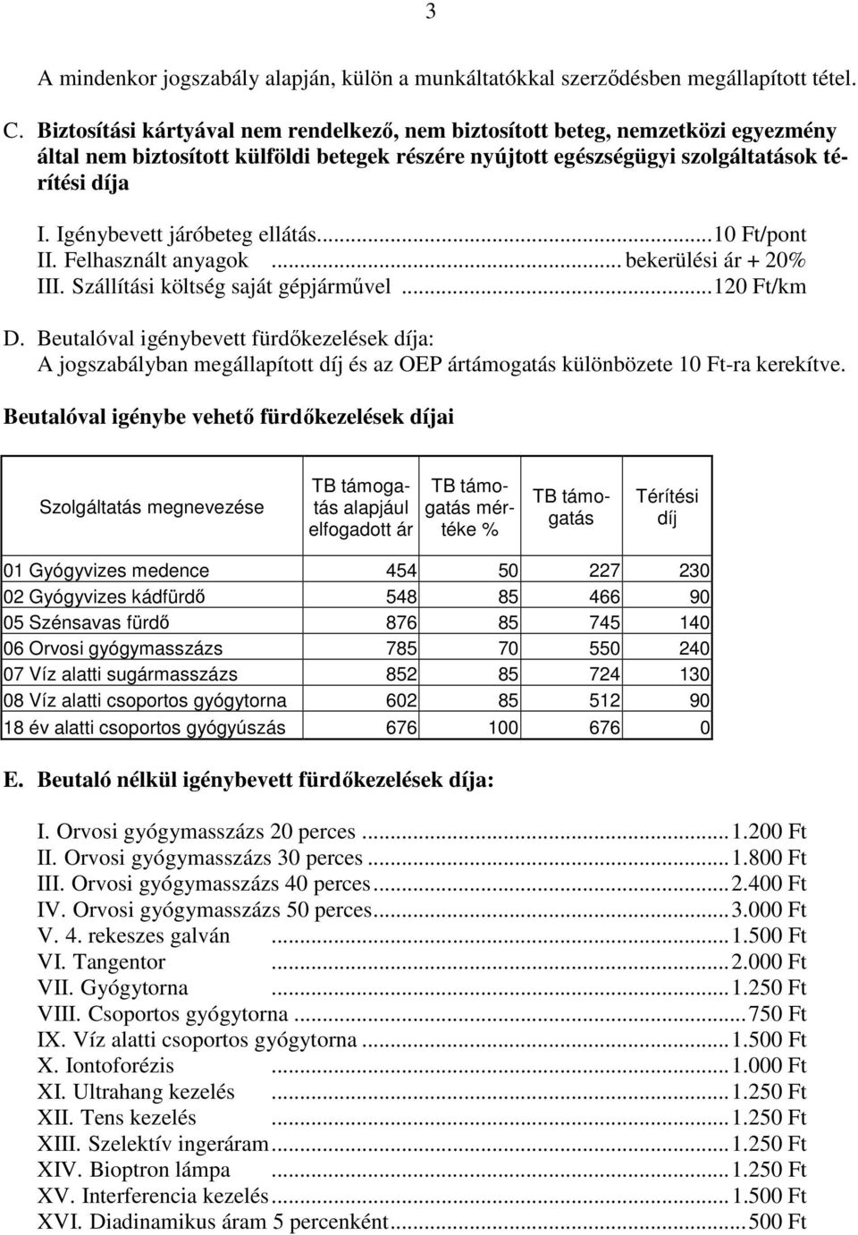 Igénybevett járóbeteg ellátás...10 Ft/pont II. Felhasznált anyagok... bekerülési ár + 20% III. Szállítási költség saját gépjárművel...120 Ft/km D.