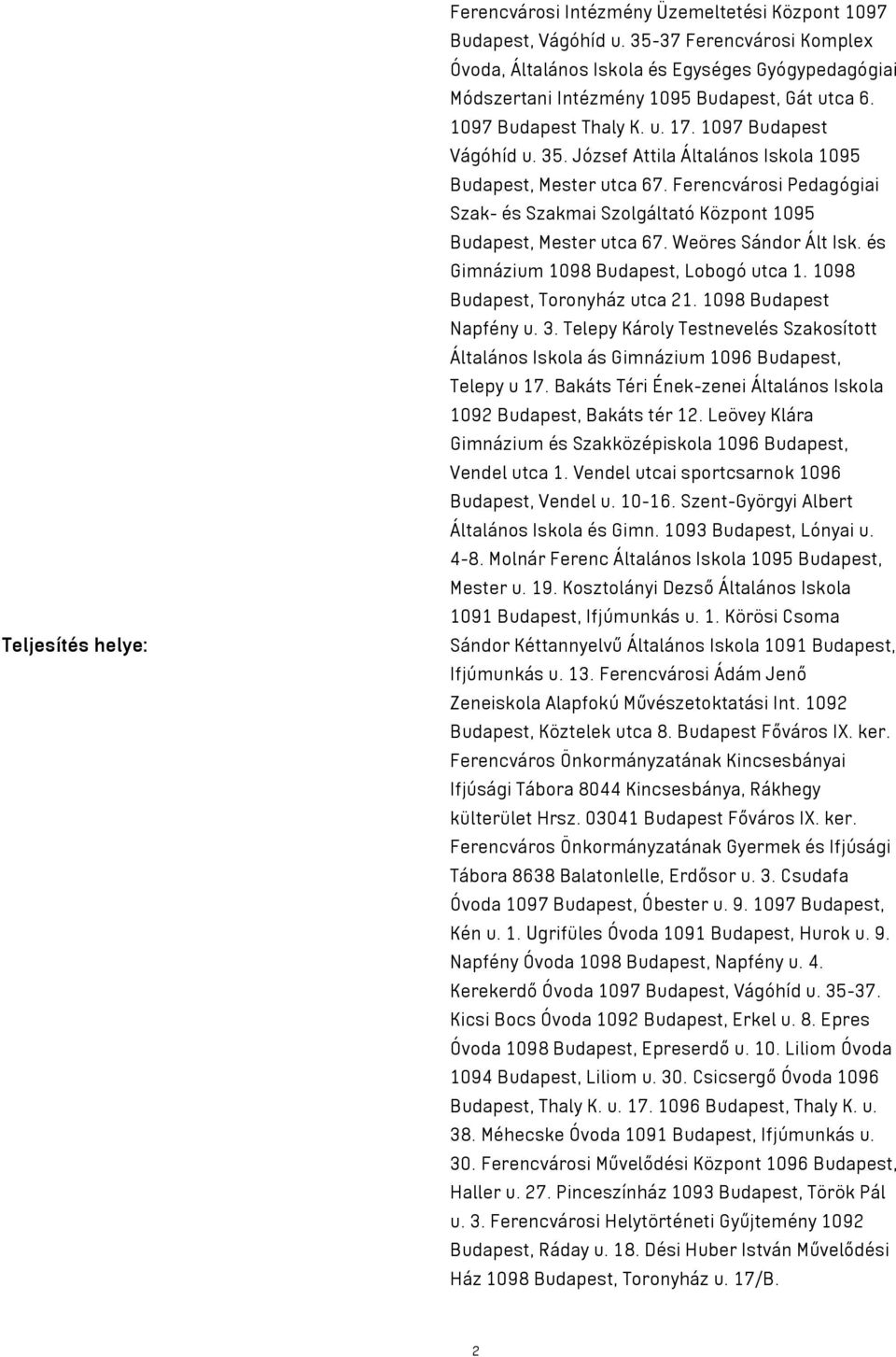 József Attila Általános Iskola 1095 Budapest, Mester utca 67. Ferencvárosi Pedagógiai Szak- és Szakmai Szolgáltató Központ 1095 Budapest, Mester utca 67. Weöres Sándor Ált Isk.