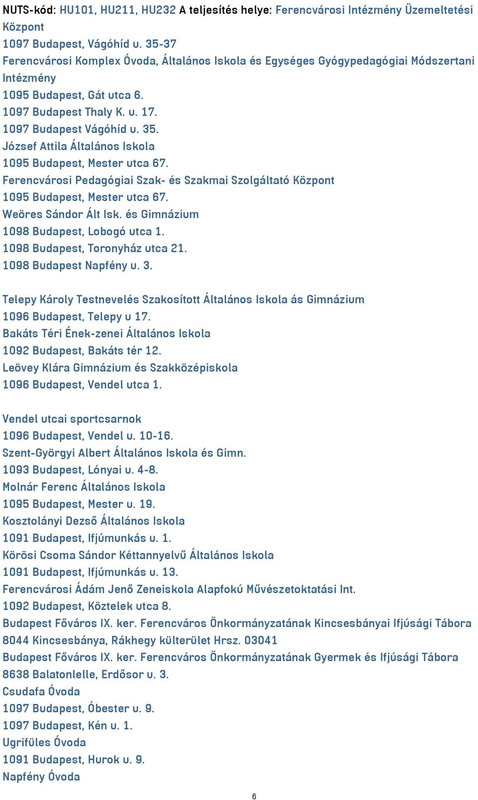 József Attila Általános Iskola 1095 Budapest, Mester utca 67. Ferencvárosi Pedagógiai Szak- és Szakmai Szolgáltató Központ 1095 Budapest, Mester utca 67. Weöres Sándor Ált Isk.