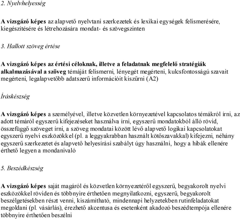 legalapvetőbb adatszerű információit kiszűrni (A2) Íráskészség A vizsgázó képes a személyével, illetve közvetlen környezetével kapcsolatos témákról írni, az adott témáról egyszerű kifejezéseket