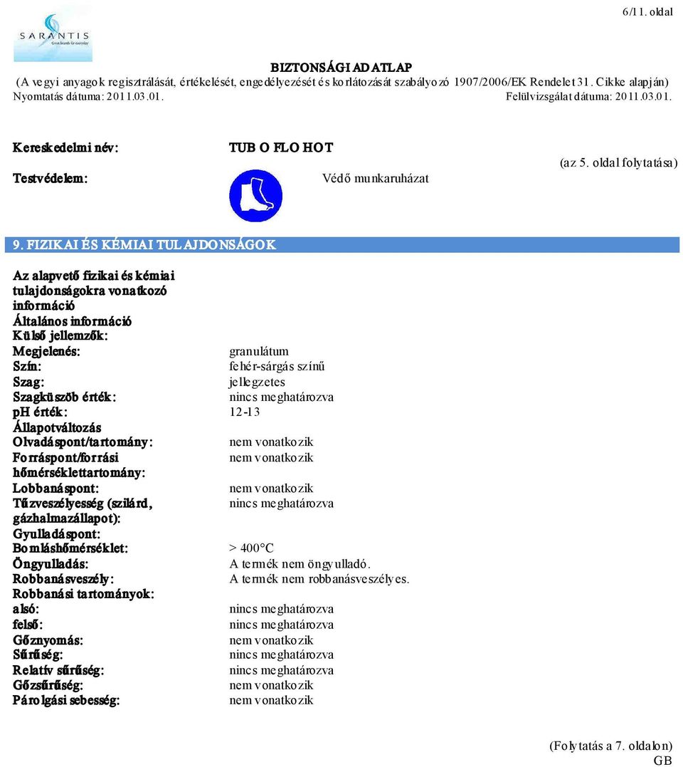 fehér-sárgás színű Szag: jellegzetes Szagkü szöb érték : ph érték : 12-13 Állapotváltozás Olvadá spont/ta rtomány: Fo rráspont/for rási hőmérséklettartomány: Lobbaná spont: