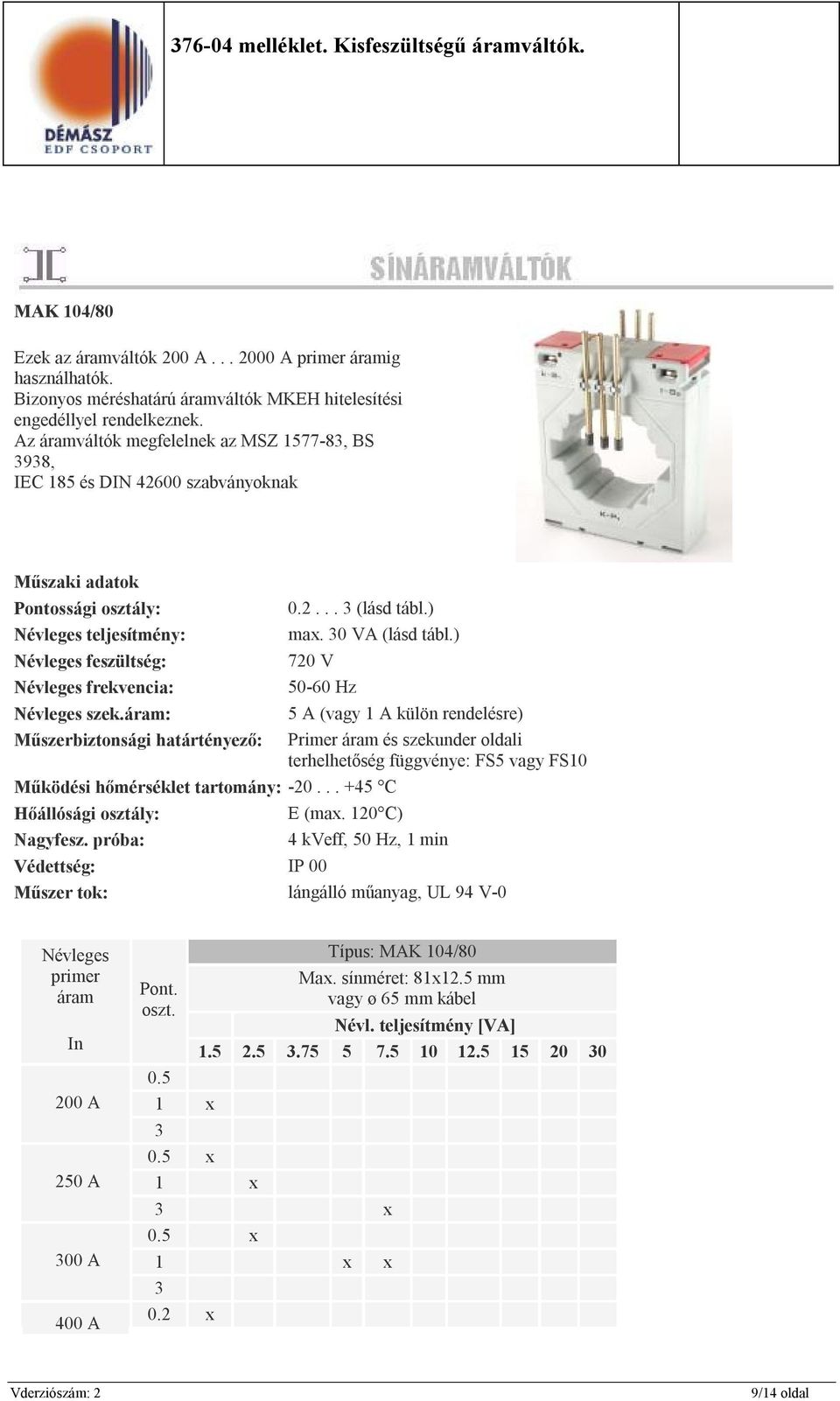 ) feszültség: 720 V frekvencia: 50-60 Hz szek.