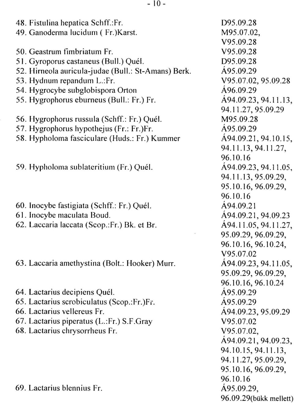 Hypholoma fasciculare (Huds.: Fr.) Kummer 59. Hypholoma sublateritium (Fr.) Quél. 60. Inocybe fastigiata (Schff.: Fr.) Quél. 61. Inocybe maculata Boud. 62. Laccaria laccata (Scop.:Fr.) Bk. et Br. 63.