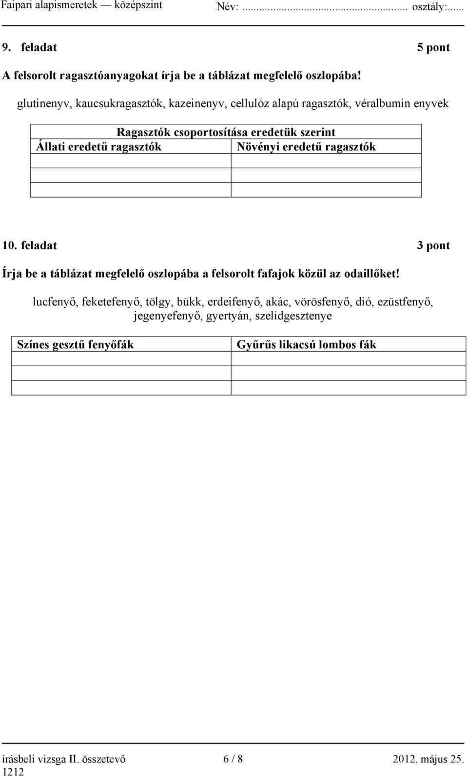 ragasztók Növényi eredetű ragasztók 10. feladat 3 pont Írja be a táblázat megfelelő oszlopába a felsorolt fafajok közül az odaillőket!