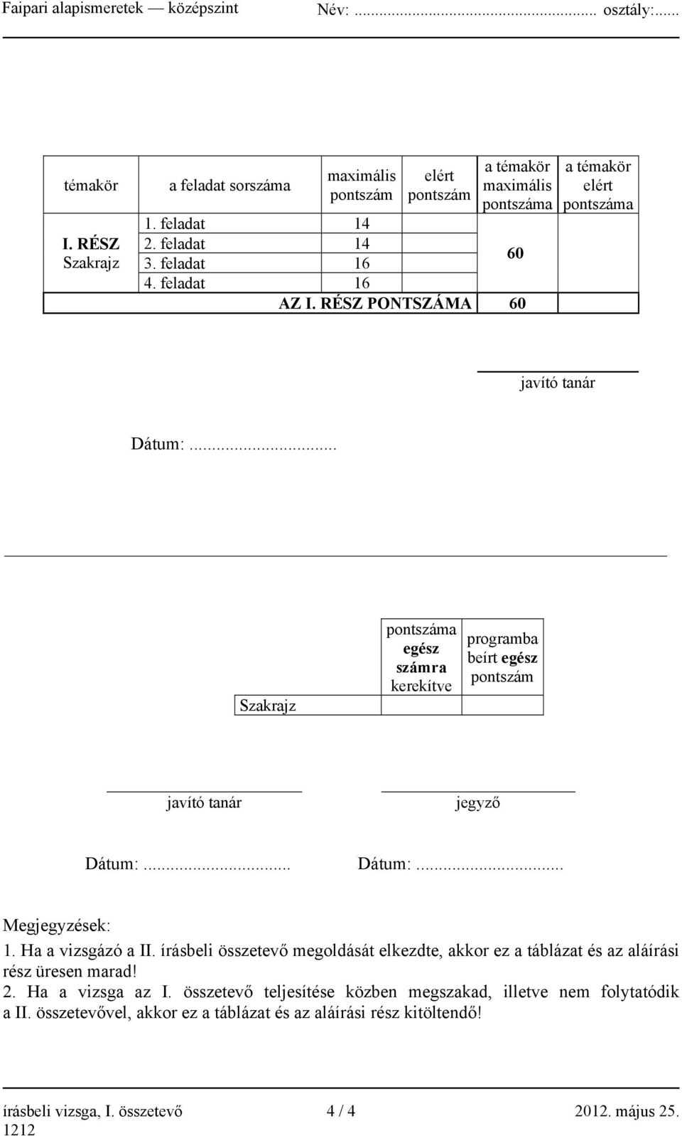 .. Dátum:... Megjegyzések: 1. Ha a vizsgázó a II. írásbeli összetevő megoldását elkezdte, akkor ez a táblázat és az aláírási rész üresen marad! 2. Ha a vizsga az I.