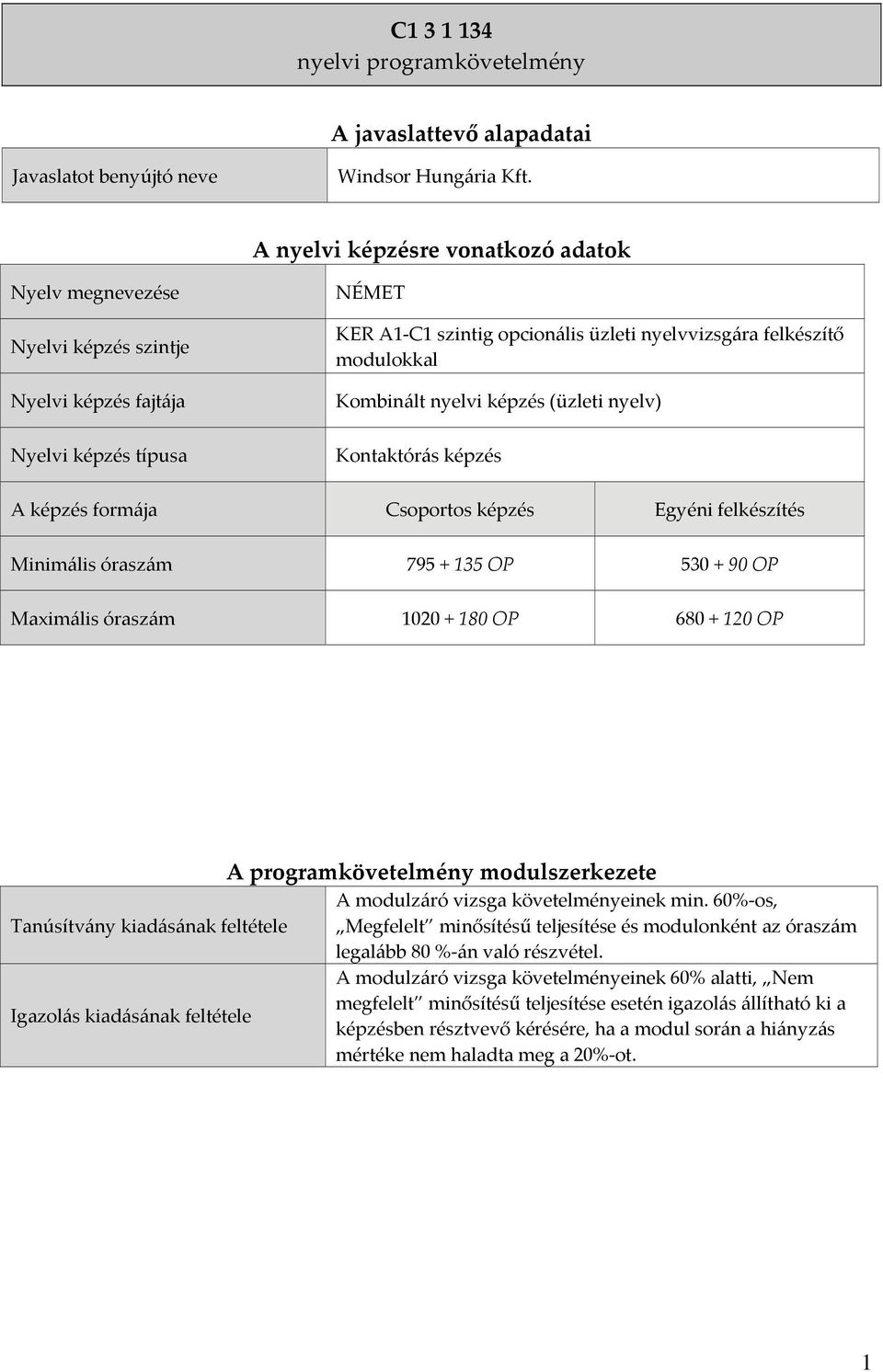 Kombinált nyelvi képzés (üzleti nyelv) Kontaktórás képzés A képzés formája Csoportos képzés Egyéni felkészítés Minimális óraszám 795 + 135 OP 530 + 90 OP Maximális óraszám 1020 + 180 OP 680 + 120 OP