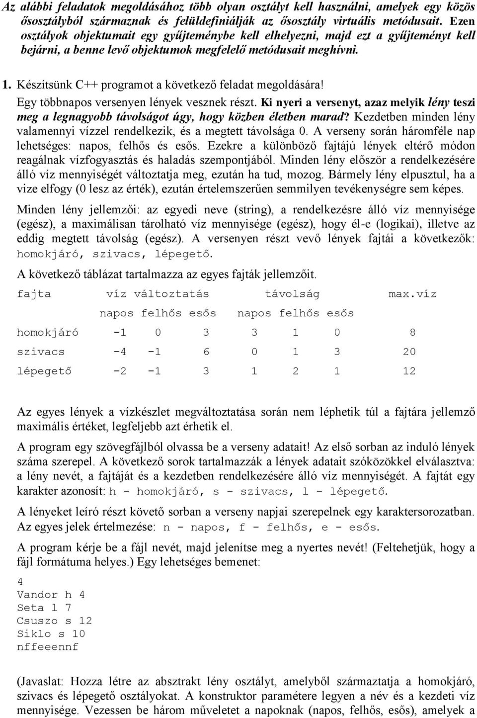 Készítsünk C++ programot a következő feladat megoldására! Egy többnapos versenyen lények vesznek részt.