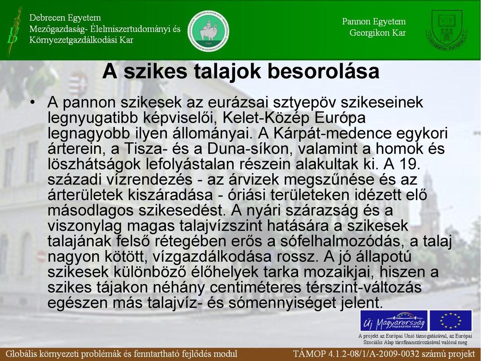 századi vízrendezés - az árvizek megszűnése és az árterületek kiszáradása - óriási területeken idézett elő másodlagos szikesedést.