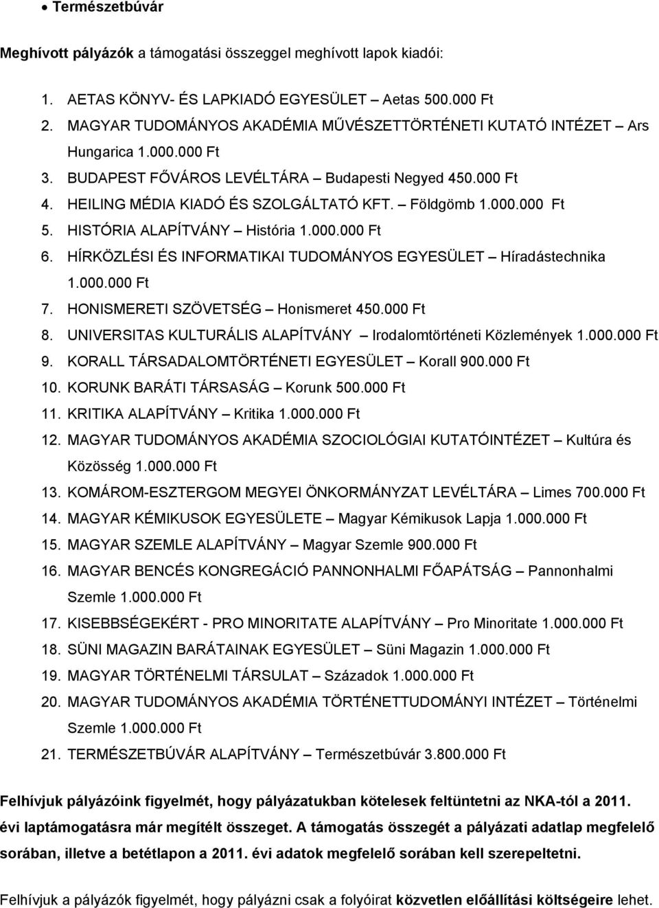 000.000 Ft 5. HISTÓRIA ALAPÍTVÁNY História 1.000.000 Ft 6. HÍRKÖZLÉSI ÉS INFORMATIKAI TUDOMÁNYOS EGYESÜLET Híradástechnika 1.000.000 Ft 7. HONISMERETI SZÖVETSÉG Hnismeret 450.000 Ft 8.