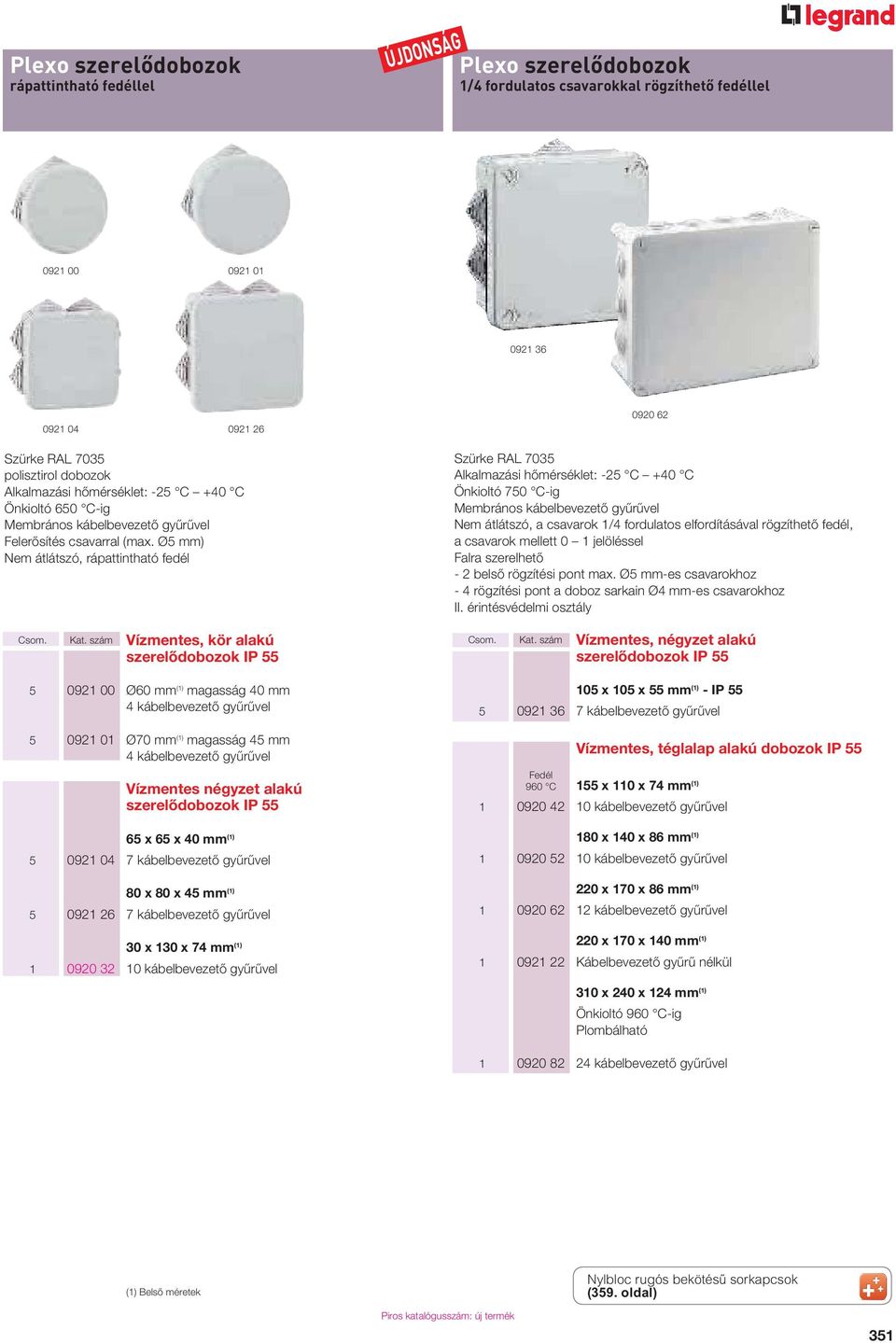 szám Vízmentes, kör alakú szerelődobozok IP 55 5 0921 00 Ø60 mm (1) magasság 40 mm 4 kábelbevezető gyűrűvel 5 0921 01 Ø70 mm (1) magasság 45 mm 4 kábelbevezető gyűrűvel Vízmentes négyzet alakú