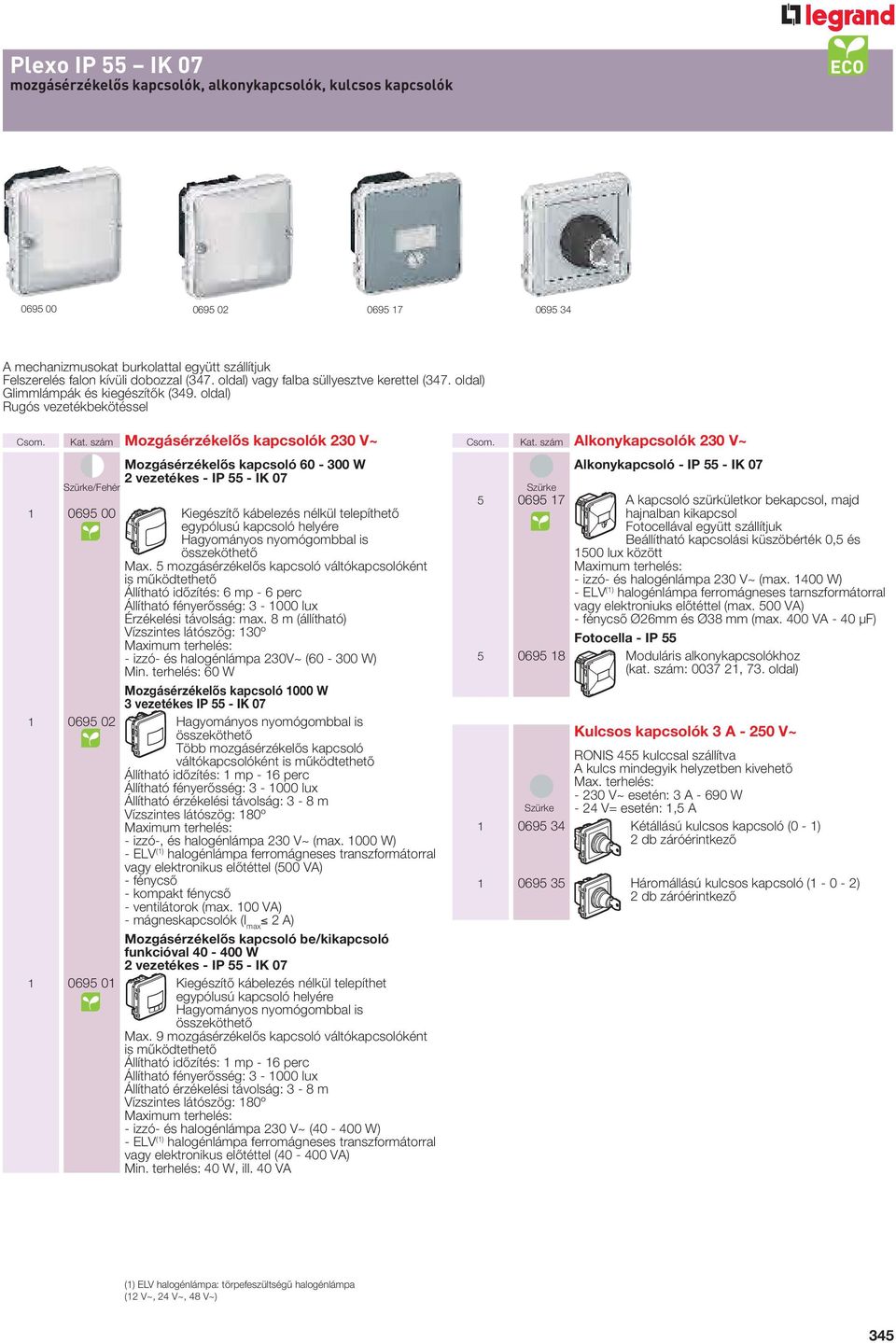 szám Mozgásérzékelős kapcsolók 230 V~ /Fehér Mozgásérzékelős kapcsoló 60-300 W 2 vezetékes - IP 55 - IK 07 1 0695 00 Kiegészítő kábelezés nélkül telepíthető egypólusú kapcsoló helyére Hagyományos