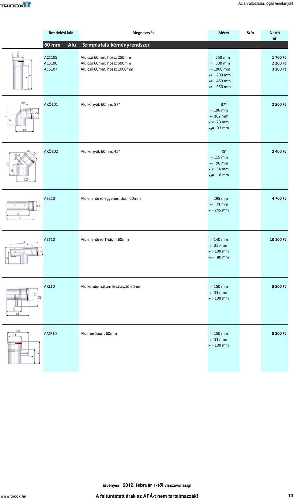 Ft x= 200 mm x= 450 mm x= 950 mm AKÖ101 Alu könyök 60mm, 87 87 2500 Ft l₁= 106 mm l₂= 102 mm x₁= 70 mm x₂= 33 mm AKÖ102 Alu könyök 60mm, 45 45 2400 Ft l₁= 115 mm l₂= 90 mm x₁= 54 mm x₂= 16 mm