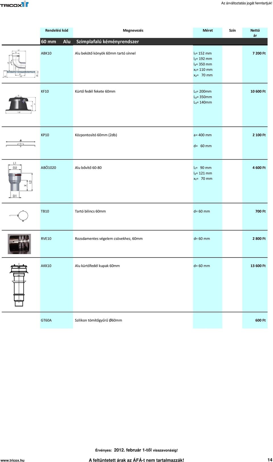 Kürtő fedél fekete 60mm L₁= 200mm 10600 Ft L₂= 350mm L₃= 140mm KP10 Központosító 60mm (2db) a= 400 mm 2 100 Ft d= 60 mm ABÖ1020 Alu bővítő 60-80 l₁=