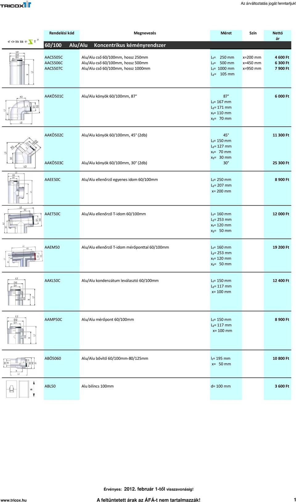 Alu/Alu cső 60/100mm, hossz 1000mm L₁= 1000 mm x=950 mm 7900 Ft L₂= 105 mm AAKÖ501C Alu/Alu könyök 60/100mm, 87 87 6000 Ft L₁= 167 mm L₂= 171 mm x₁= 110 mm x₂= 70 mm AAKÖ502C Alu/Alu könyök 60/100mm,
