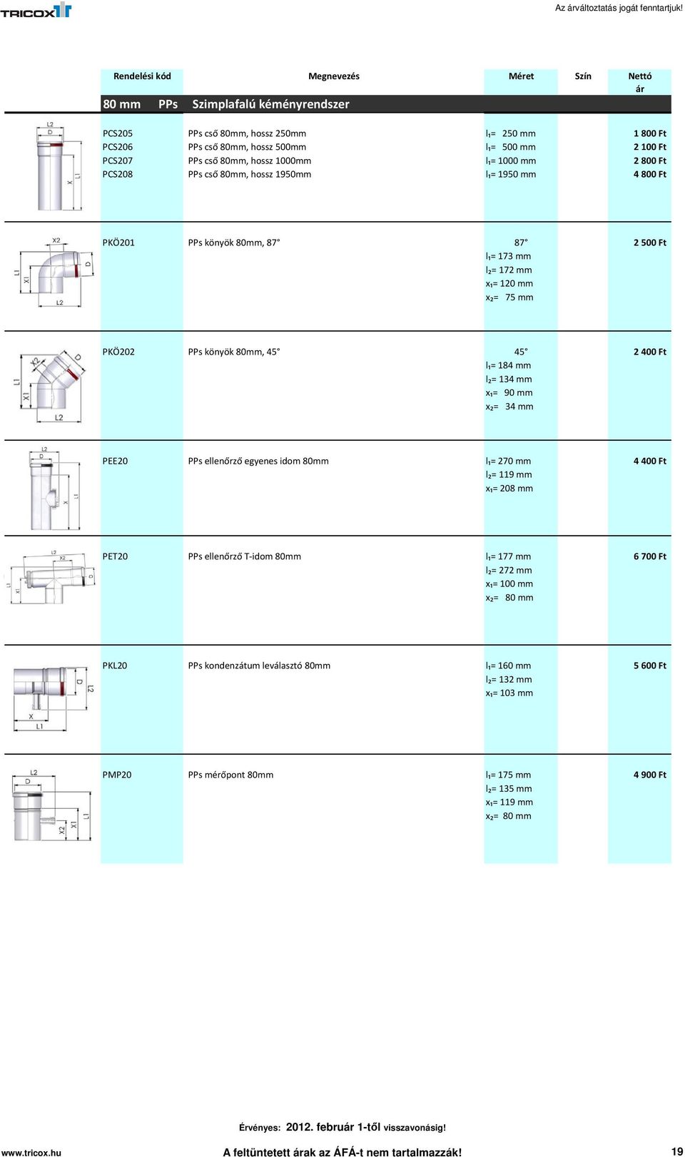 PCS208 PPs cső 80mm, hossz 1950mm l₁= 1950 mm 4800 Ft PKÖ201 PPs könyök 80mm, 87 87 2500 Ft l₁= 173 mm l₂= 172 mm x₁= 120 mm x₂= 75 mm PKÖ202 PPs könyök 80mm, 45 45 2400 Ft l₁= 184 mm l₂= 134 mm x₁=