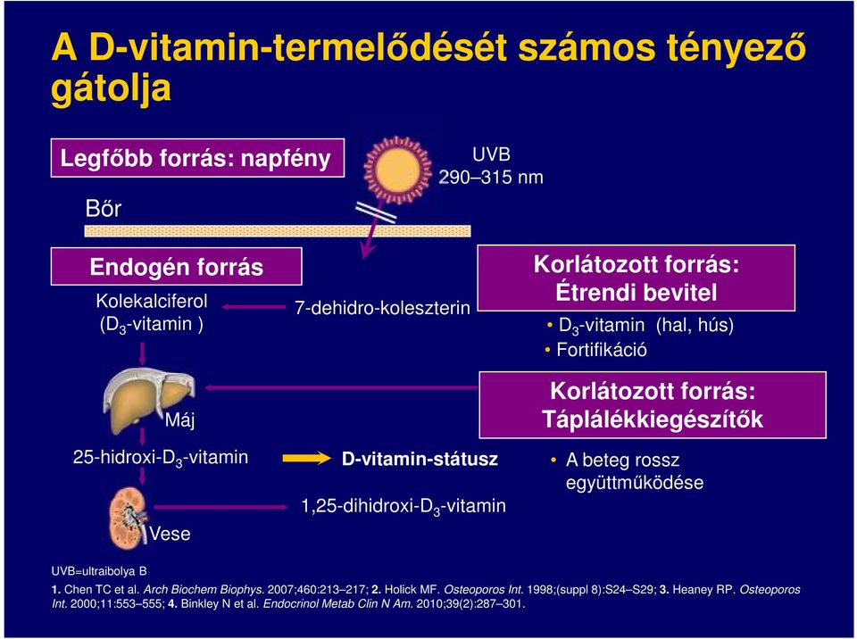 Korlátozott forrás: Táplálékkiegészítők A beteg rossz együttműködése UVB=ultraibolya B 1. Chen TC et al. Arch Biochem Biophys. 2007;460:213 217; 2.