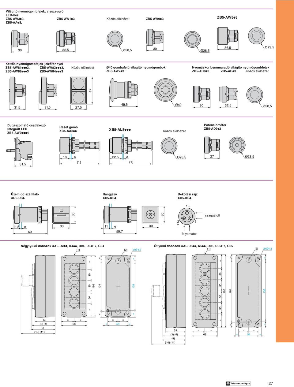 csatlakozó Integrált LED ZB5-AW0iii iii4 Reset gomb XB5-AA8ii XB5-AL8iii Közös elölnézet Potenciométer ZB5-AD9i2 18 e,5 e 27 Üzemidô számláló XD5-DSi Hangjezô XB5-KSi Bekötési rajz XB5-KSi 1+