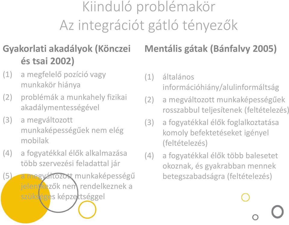 jelentkezők nem rendelkeznek a szükséges képzettséggel Mentális gátak (Bánfalvy 2005) (1) általános információhiány/alulinformáltság (2) a megváltozott munkaképességűek rosszabbul