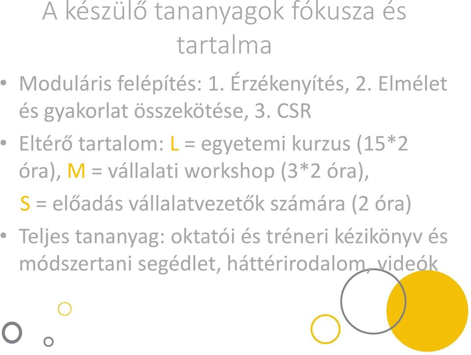 CSR Eltérő tartalom: L = egyetemi kurzus (15*2 óra), M = vállalati workshop (3*2