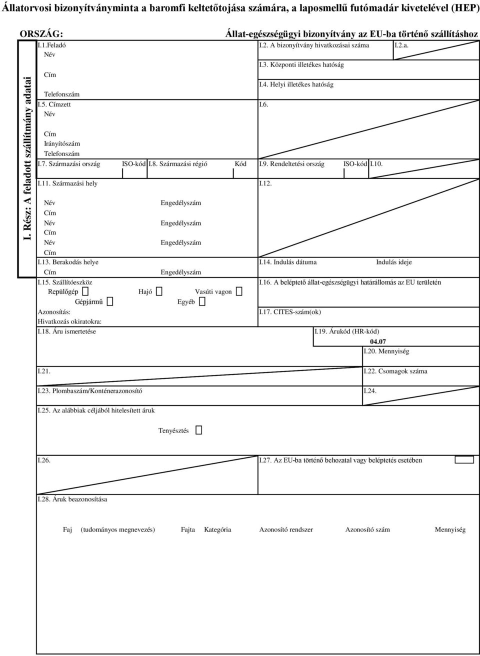 Származási ország ISO-kód I.8. Származási régió Kód I.9. Rendeltetési ország ISO-kód I.10. I.11. Származási hely Név Engedélyszám Név Engedélyszám Név Engedélyszám I.13. Berakodás helye I.14.