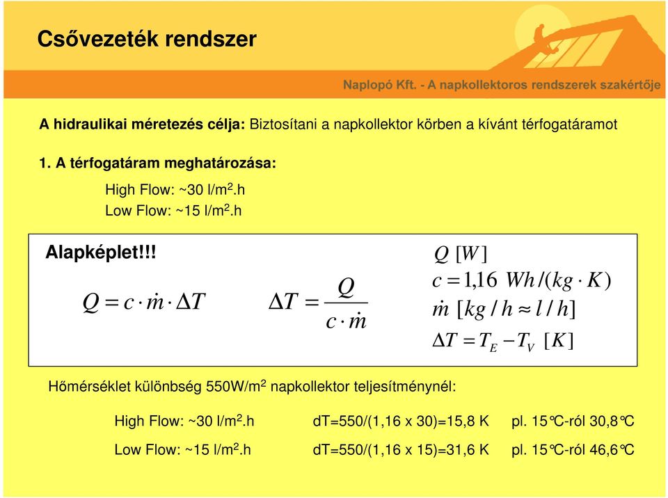 !! Q = c m& T T = Q c m& Q [W ] c = 1,16 Wh /( kg K) m& T [ kg / h l / h] = T E T V [K] Hőmérséklet különbség 550W/m 2