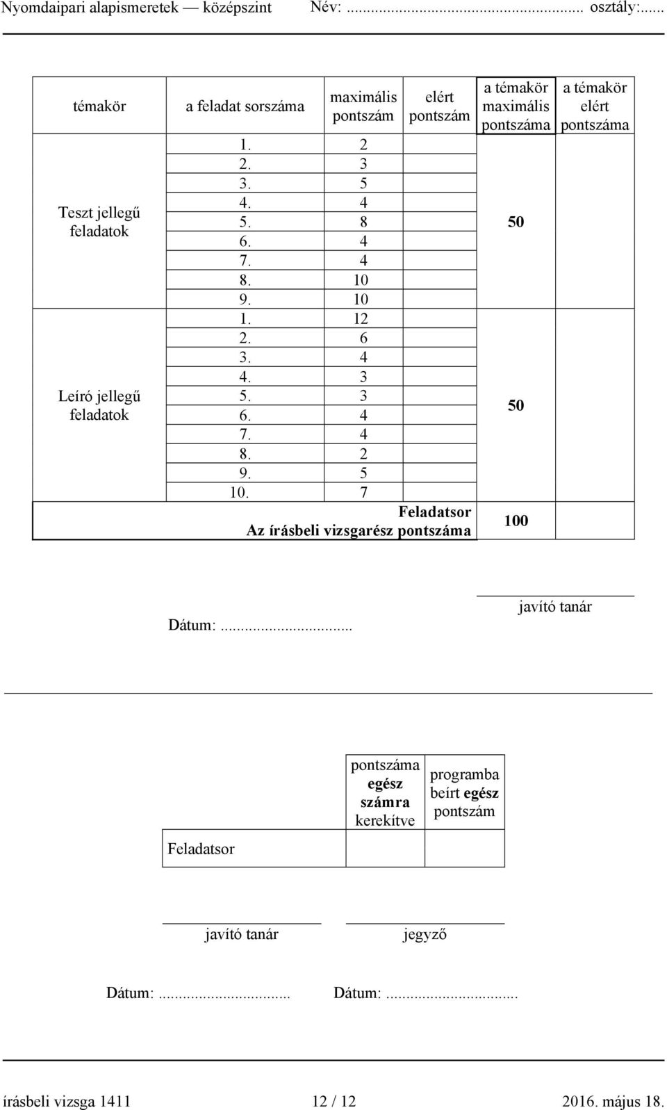 7 Feladatsor Az írásbeli vizsgarész pontszáma a témakör maximális pontszáma 50 50 100 a témakör elért pontszáma Dátum:.