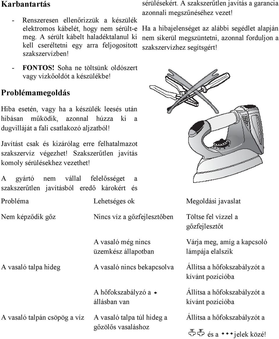 Javítást csak és kizárólag erre felhatalmazot szakszervíz végezhet! Szakszerőtlen javítás komoly sérülésekhez vezethet!