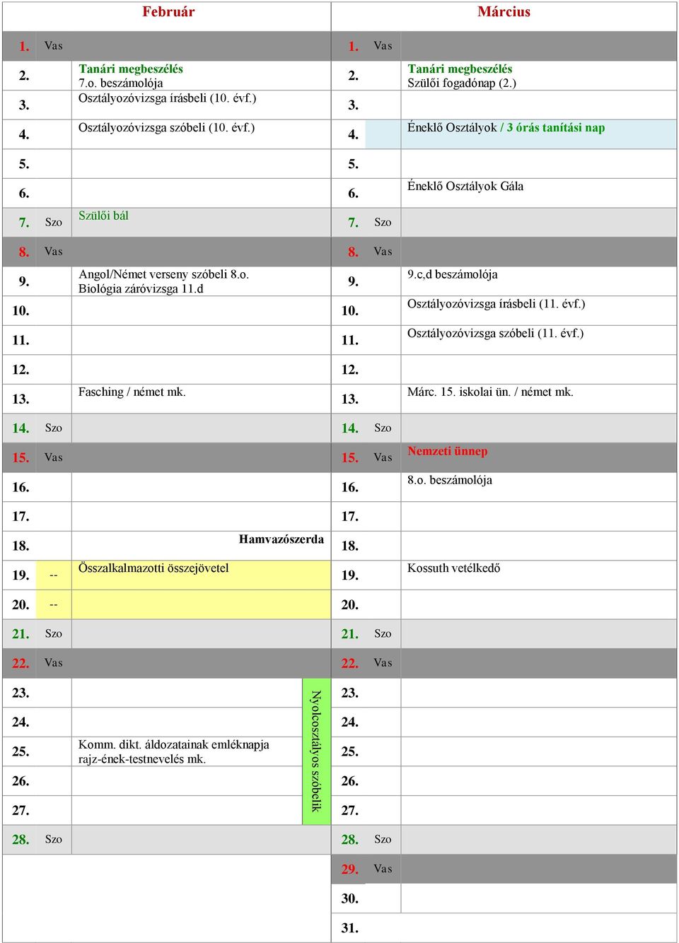 17. 1 -- Összalkalmazotti összejövetel Hamvazószerda 1 Március Szülői fogadónap (2.