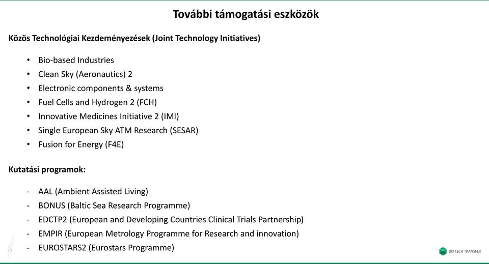 (SESAR) Fusion for Energy (F4E) Kutatási programok: - AAL (Ambient Assisted Living) - BONUS (Baltic Sea Research Programme) - EDCTP2 (European