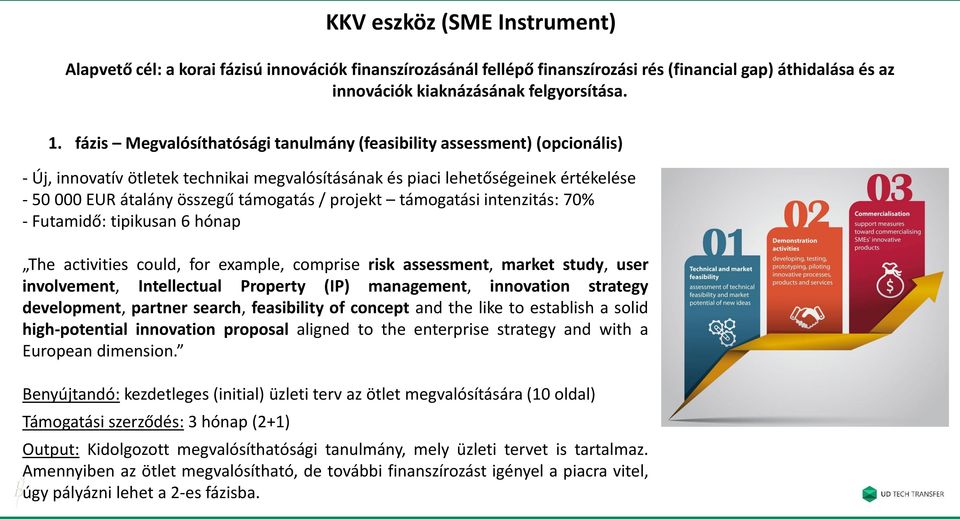 projekt támogatási intenzitás: 70% - Futamidő: tipikusan 6 hónap The activities could, for example, comprise risk assessment, market study, user involvement, Intellectual Property (IP) management,