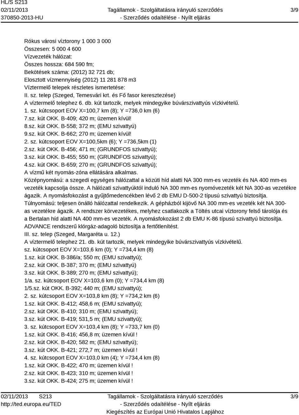 sz. kút OKK. B-409; 420 m; üzemen kívül! 8.sz. kút OKK. B-558; 372 m; (EMU szivattyú) 9.sz. kút OKK. B-662; 270 m; üzemen kívül! 2. sz. kútcsoport EOV X=100,5km (6); Y =736,5km (1) 2.sz. kút OKK. B-456; 471 m; (GRUNDFOS szivattyú); 3.