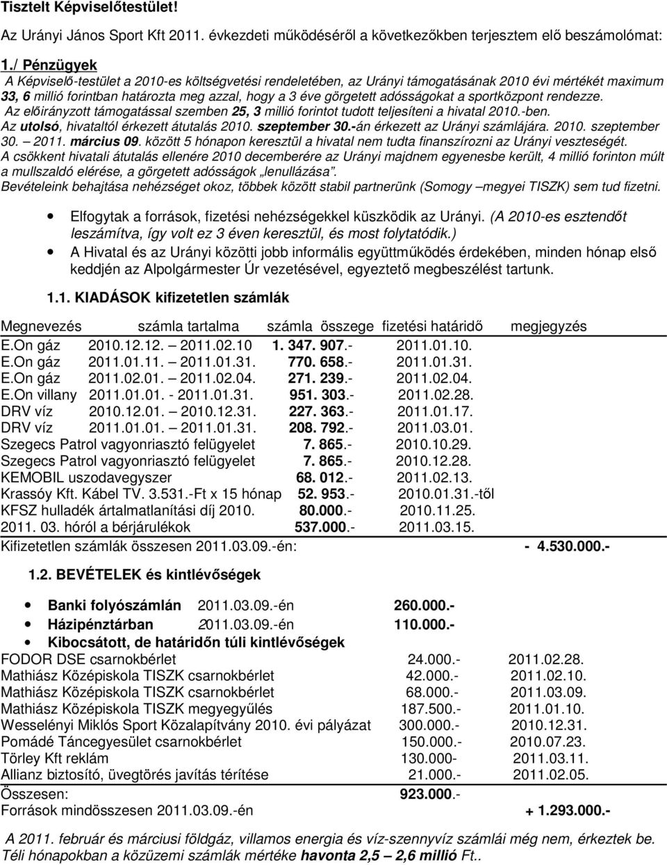 a sportközpont rendezze. Az előirányzott támogatással szemben 25, 3 millió forintot tudott teljesíteni a hivatal 2010.-ben. Az utolsó, hivataltól érkezett átutalás 2010. szeptember 30.