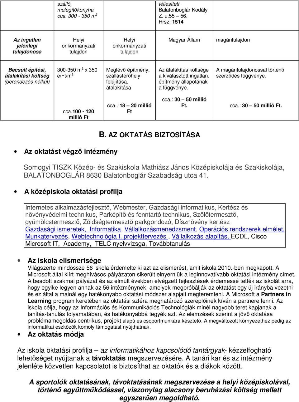 x 350 e/ft/m 2 Meglévő építmény, szállásférőhely felújítása, átalakítása Az átalakítás költsége a kiválasztott ingatlan, építmény állapotának a függvénye.