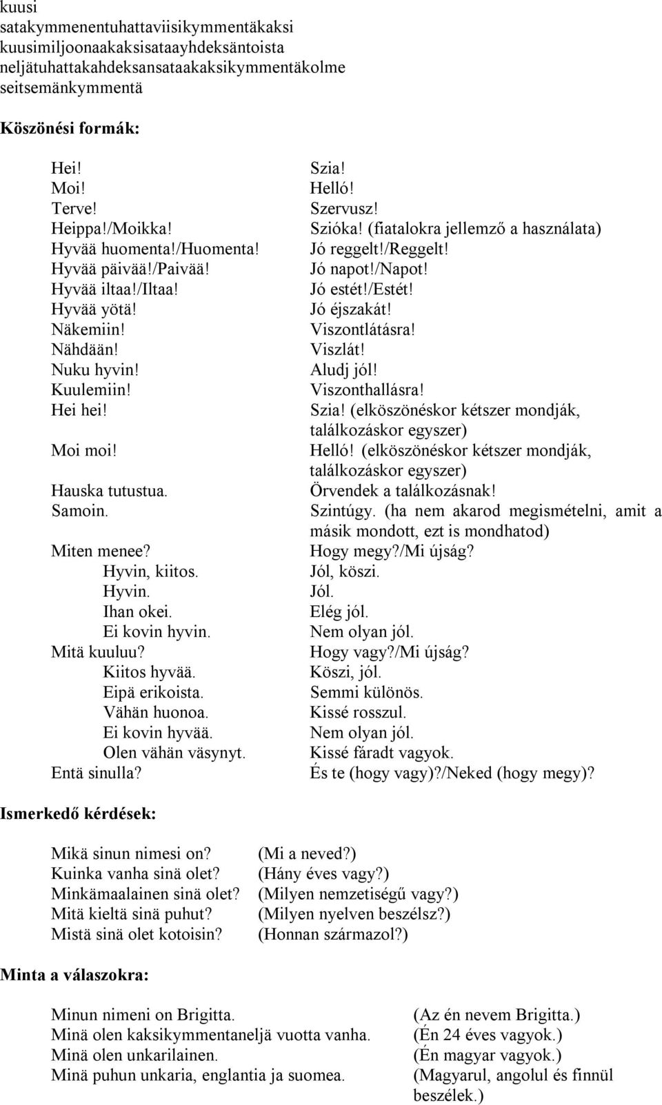 Ei kovin hyvin. Mitä kuuluu? Kiitos hyvää. Eipä erikoista. Vähän huonoa. Ei kovin hyvää. Olen vähän väsynyt. Entä sinulla? Szia! Helló! Szervusz! Szióka! (fiatalokra jellemző a használata) Jó reggelt!