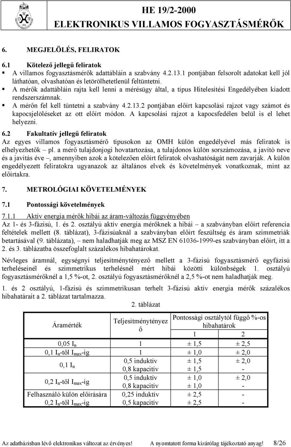 A mérők adattábláin rajta kell lenni a mérésügy által, a típus Hitelesítési Engedélyében kiadott rendszerszámnak. A mérőn fel kell tüntetni a szabvány 4.2.13.