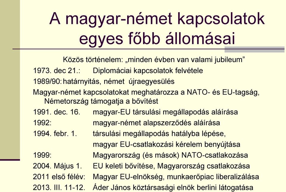 dec. 16. magyar-eu társulási megállapodás aláírása 1992: magyar-német alapszerződés aláírása 1994. febr. 1. társulási megállapodás hatályba lépése, magyar EU-csatlakozási kérelem benyújtása 1999: Magyarország (és mások) NATO-csatlakozása 2004.