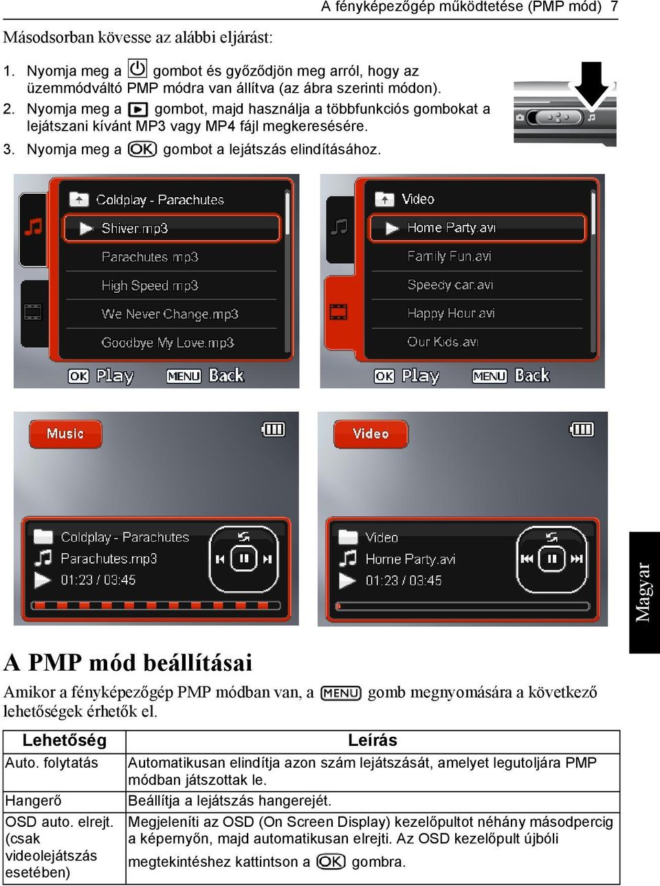 A PMP mód beállításai Amikor a fényképezőgép PMP módban van, a gomb megnyomására a következő lehetőségek érhetők el. Lehetőség Leírás Auto.
