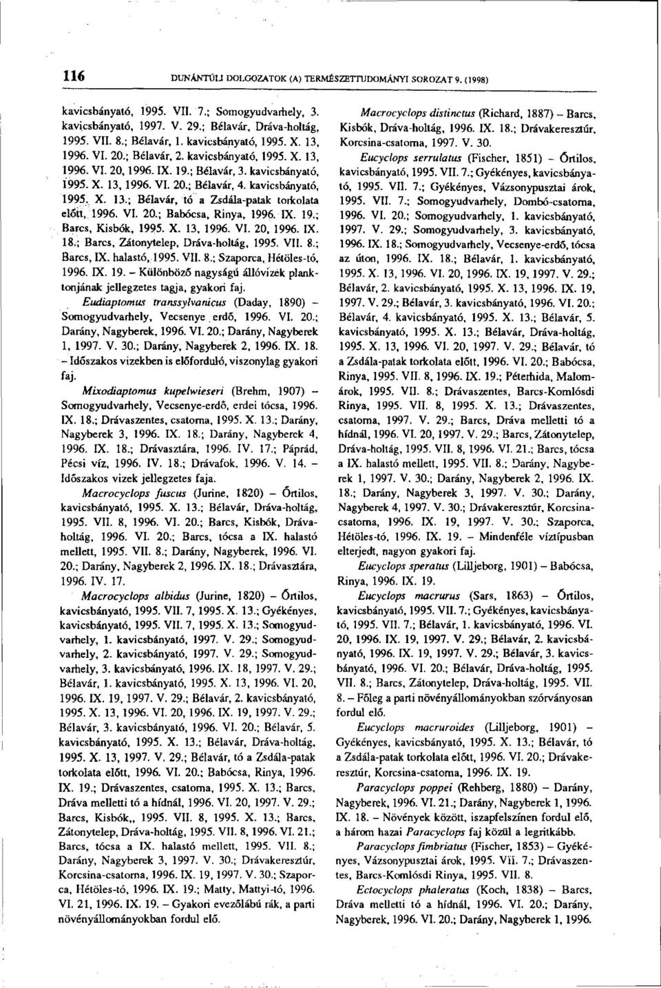 VI. 20.; Babócsa, Rinya, 1996. IX. 19.; Barcs, Kisbók, 1995. X. 13, 1996. VI. 20, 1996. IX. 18.; Barcs, Zátonytelep, Dráva-holtág, 1995. VII. 8.; Barcs, IX. halastó, 1995. VII. 8.; Szaporca, Hétöles-tó, 1996.