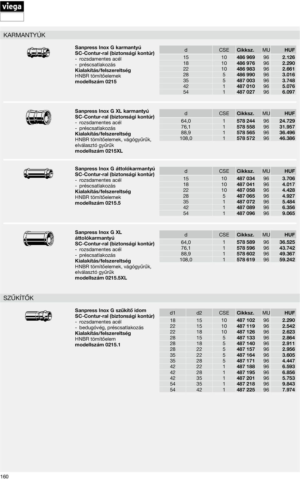 097 Sanpress Inox G XL karmantyú rozsdamentes acél préscsatlakozás HNBR tömítőelemek, vágógyűrűk, elválasztó gyűrűk modellszám 0215XL 64,0 1 578 244 96 24.729 76,1 1 578 558 96 31.