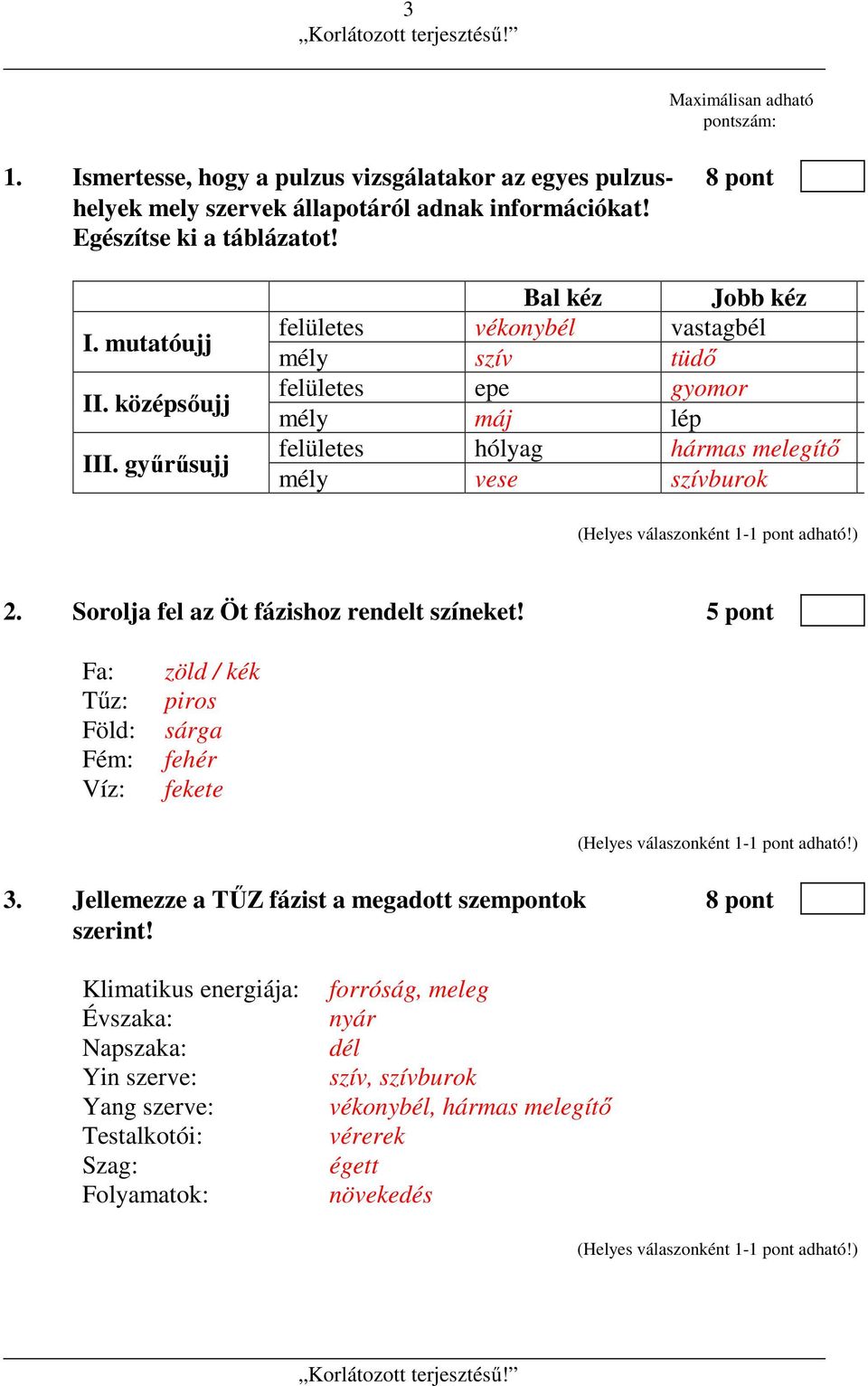 Sorolja fel az Öt fázishoz rendelt színeket! 5 pont Fa: Tűz: Föld: Fém: Víz: zöld / kék piros sárga fehér fekete 3. Jellemezze a TŰZ fázist a megadott szempontok 8 pont szerint!