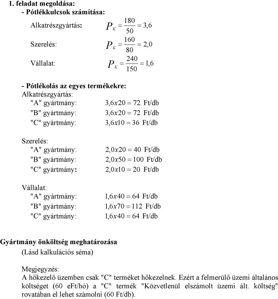 2,0x 10 = 20 Ft/db Vállalat: "A" gyártmány: 1,6x 40 = 64 Ft/db "B" gyártmány: 1,6x 70 = 112 Ft/db "C" gyártmány: 1,6x 40 = 64 Ft/db Gyártmány önköltség meghatározása (Lásd kalkulációs séma)