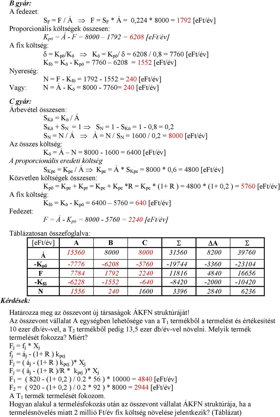 = K ö / Á S Kö + S N = 1 S N = 1 - S Kö = 1-0,8 = 0,2 S N = N / Á Á = N / S N = 1600 / 0,2 = 8000 [eft/év] Az összes költség: K ö = Á N = 8000-1600 = 6400 [eft/év] A proporcionális eredeti költség S