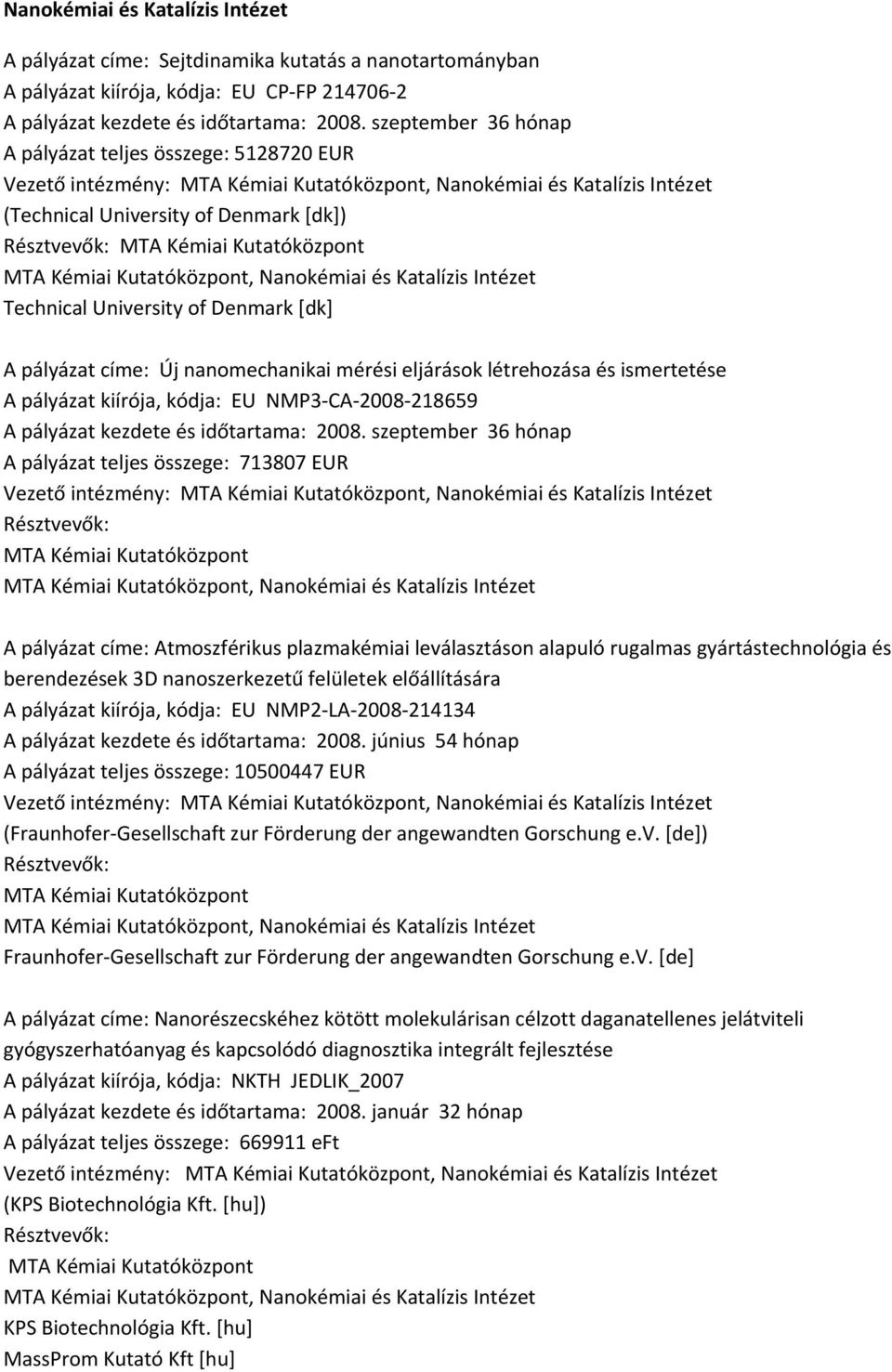 University of Denmark [dk] A pályázat címe: Új nanomechanikai mérési eljárások létrehozása és ismertetése A pályázat kiírója, kódja: EU NMP3 CA 2008 218659 A pályázat kezdete és időtartama: 2008.
