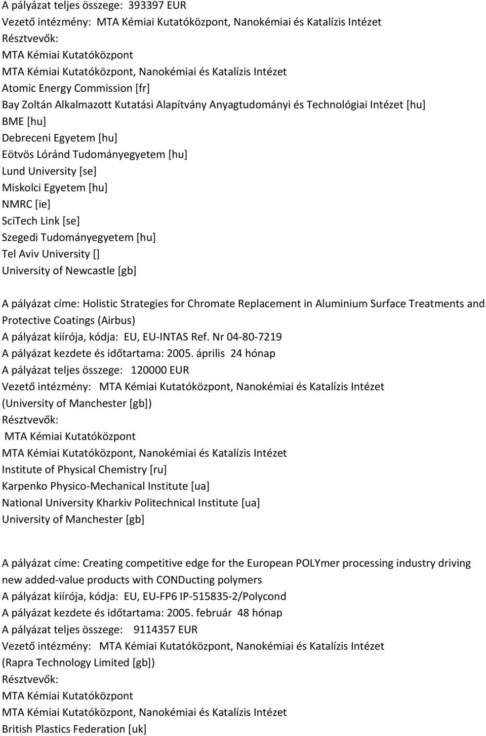 Tudományegyetem [hu] Tel Aviv University [] University of Newcastle [gb] A pályázat címe: Holistic Strategies for Chromate Replacement in Aluminium Surface Treatments and Protective Coatings (Airbus)