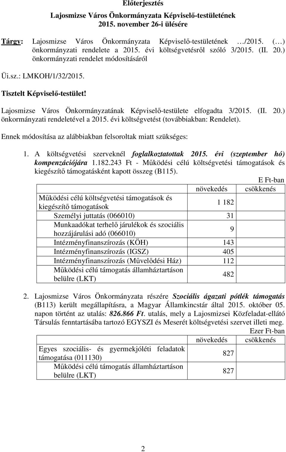 Lajosmizse Város Önkormányzatának Képviselı-testülete elfogadta 3/2015. (II. 20.) önkormányzati rendeletével a 2015. évi költségvetést (továbbiakban: Rendelet).