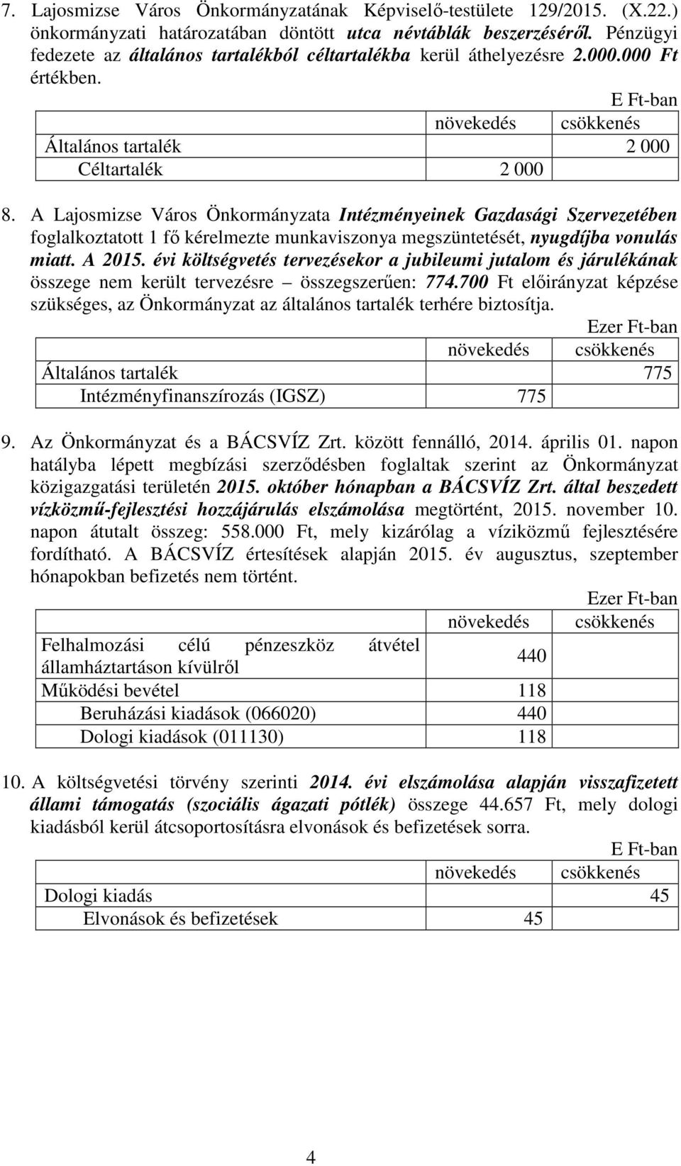 A Lajosmizse Város Önkormányzata Intézményeinek Gazdasági Szervezetében foglalkoztatott 1 fı kérelmezte munkaviszonya megszüntetését, nyugdíjba vonulás miatt. A 2015.