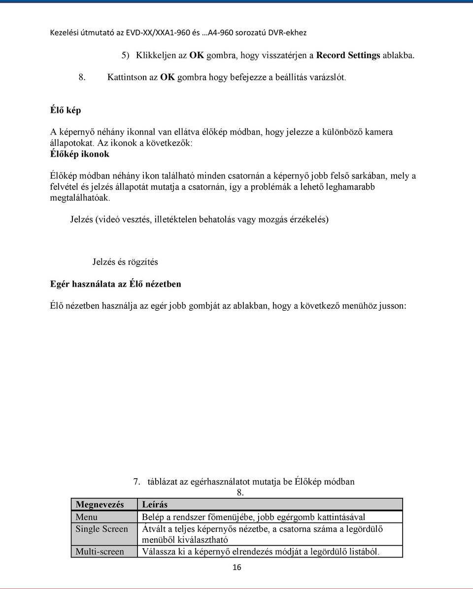 Az ikonok a következők: Élőkép ikonok Élőkép módban néhány ikon található minden csatornán a képernyő jobb felső sarkában, mely a felvétel és jelzés állapotát mutatja a csatornán, így a problémák a