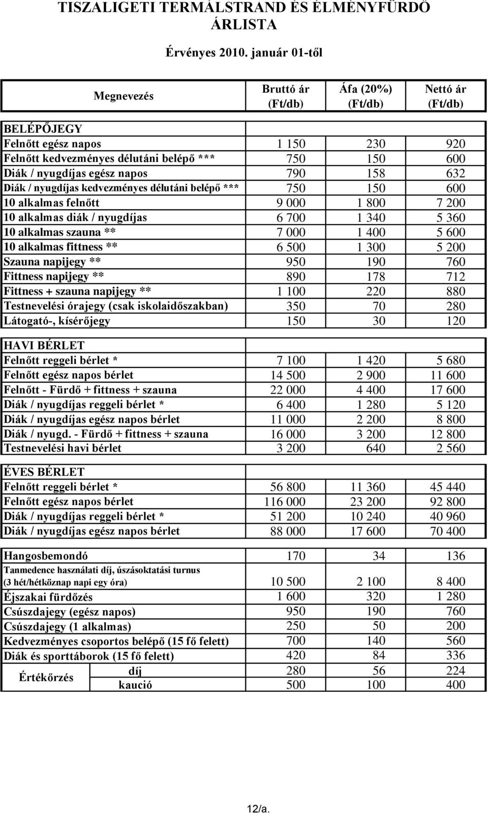 felnőtt 10 alkalmas diák / nyugdíjas 10 alkalmas szauna ** 10 alkalmas fittness ** Szauna napijegy ** Fittness napijegy ** Fittness + szauna napijegy ** Testnevelési órajegy (csak iskolaidőszakban)