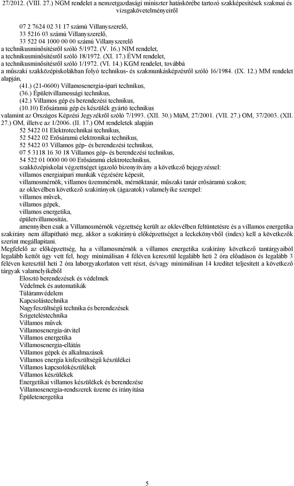 ) KGM rendelet, továbbá a műszaki szakközépiskolákban folyó technikus- és szakmunkásképzésről szóló 16/1984. (IX. 12.) MM rendelet alapján, (41.) (21-0600) Villamosenergia-ipari technikus, (36.